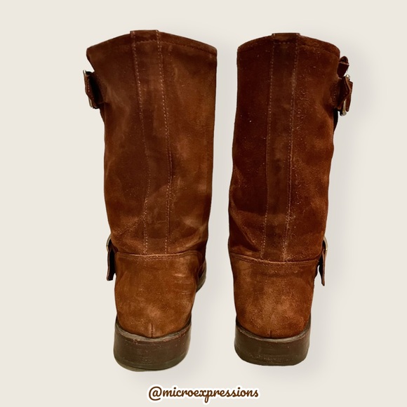 $389 Veronica Short Belted Brown Suede Leather Popular Moto Vintage Combat Boot - Picture 12 of 16
